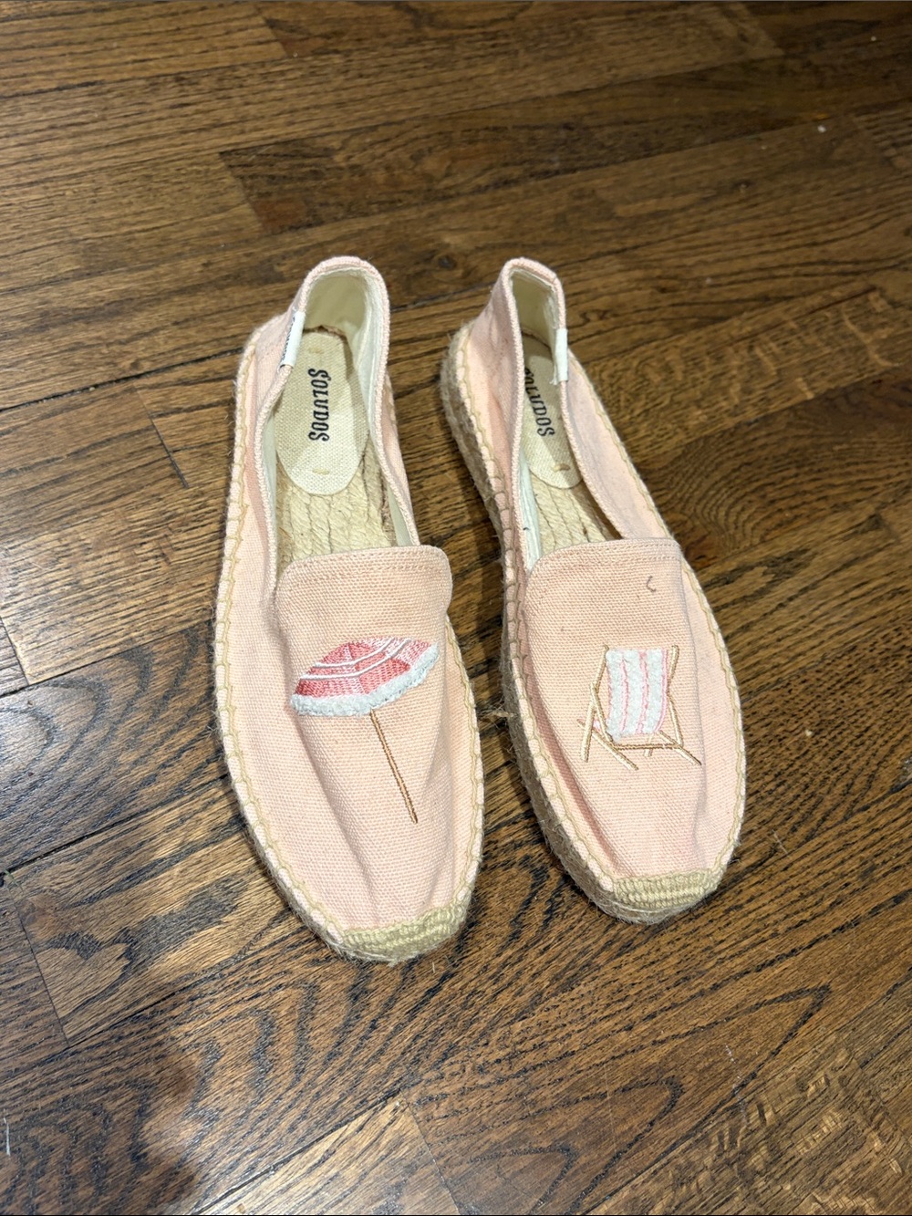 Soludos Pink Canvas Espadrilles with Beach Umbrella & Chair Embroidery